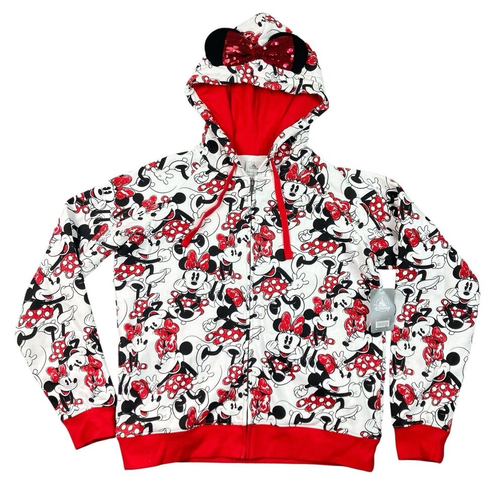 Disney Hoodie Womens L Red Black All Over Print Minnie Mouse Sequin Bow Zip Up